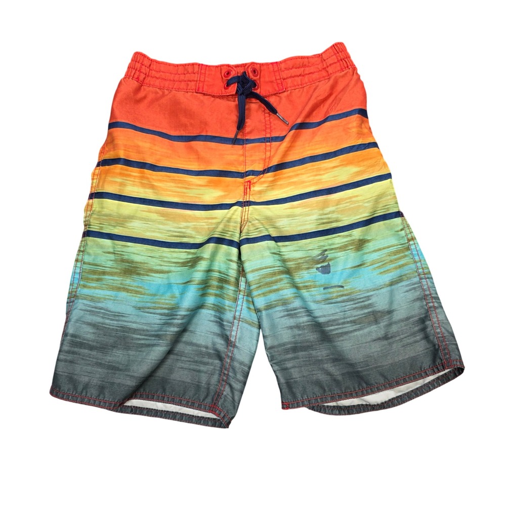 Old Navy Board Shorts Swim Trunks Boy's Size L (10-12) Orange Teal Striped